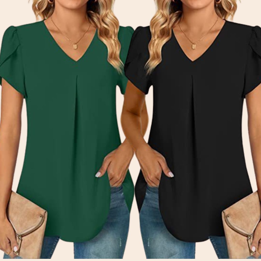 Zaria 2-Pack Topjes | Basic trendy zomer blouse dames met V-hals en rushes mouwen