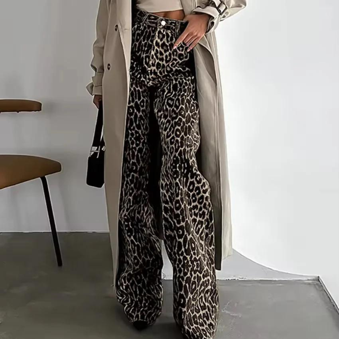 Klara Broek | Wijde broek met hoge taille en leopard print