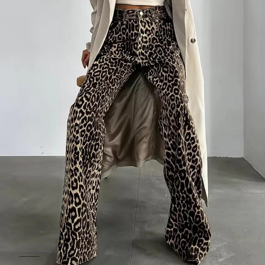 Klara Broek | Wijde broek met hoge taille en leopard print