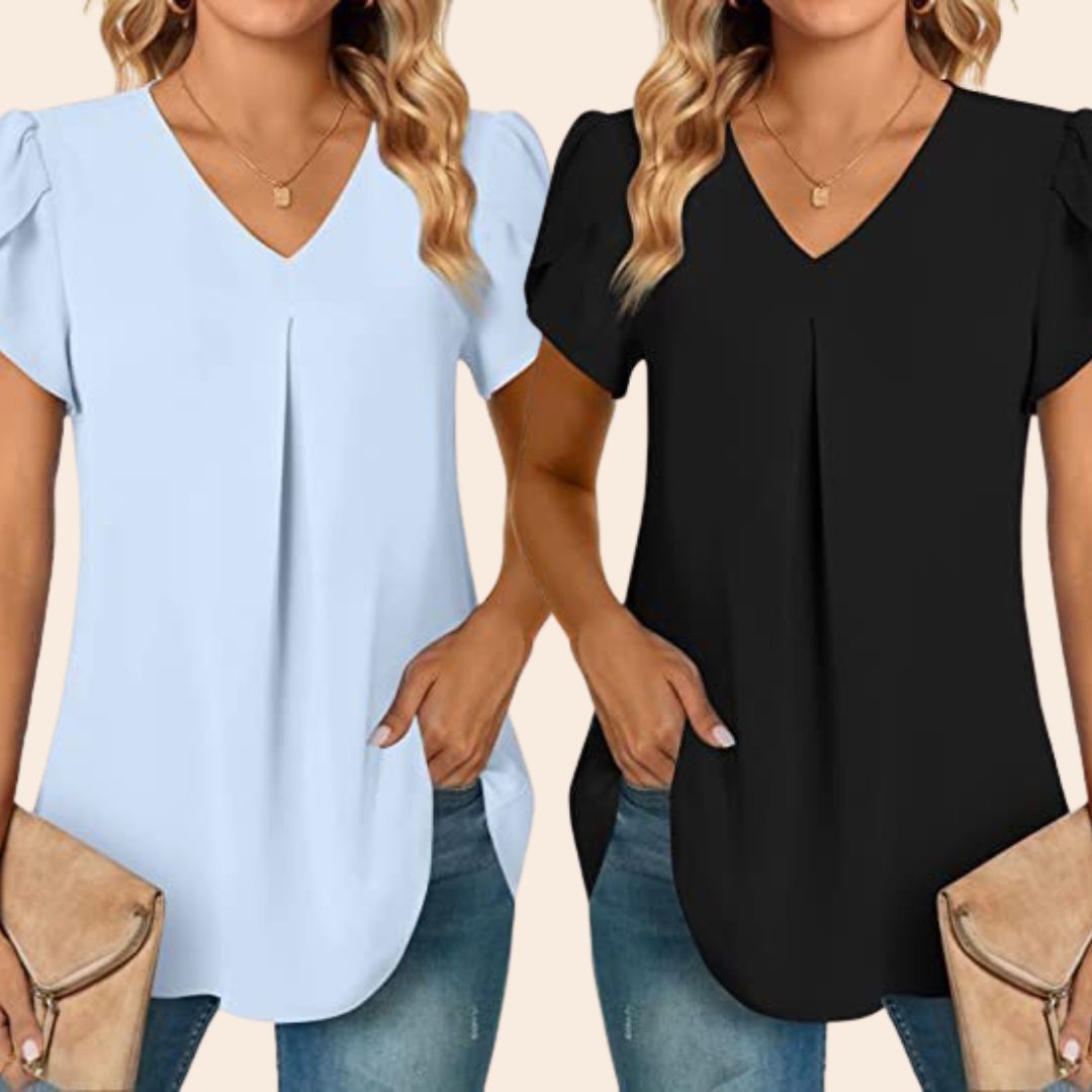 Zaria 2-Pack Topjes | Basic trendy zomer blouse dames met V-hals en rushes mouwen