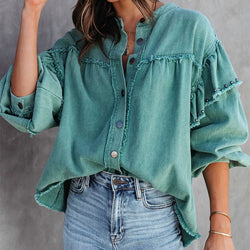 Denim Blouse | Trendy vrouwelijke blouse van gekleurd spijker stof