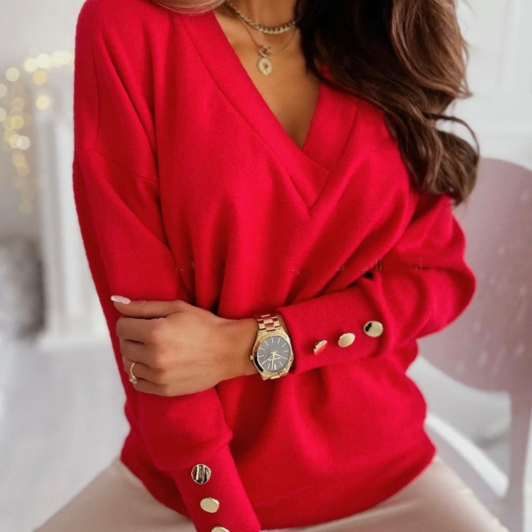 Fiona Sweater | Comfortabele zachte dames trui met V-hals en gouden knoopjes