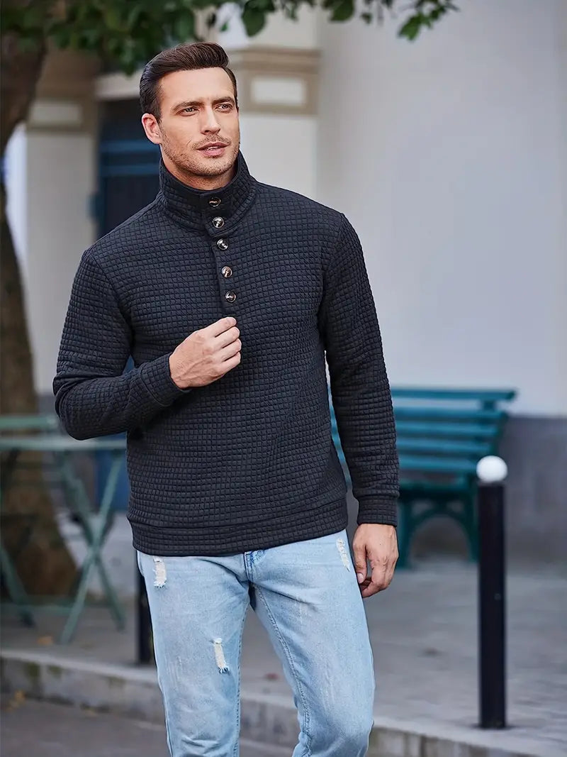 David Sweater | Stijlvolle wafelpatroon trui met hoge kraag en knopen voor mannen