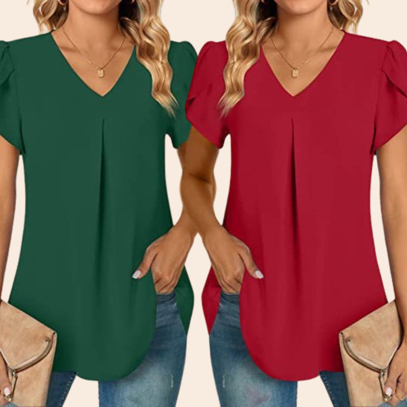 Zaria 2-Pack Topjes | Basic trendy zomer blouse dames met V-hals en rushes mouwen
