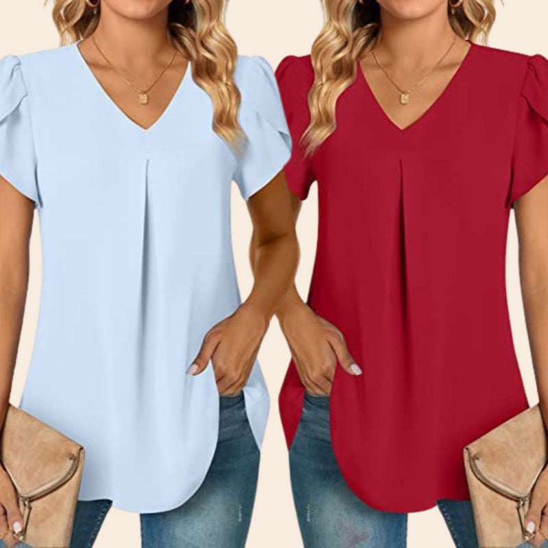 Zaria 2-Pack Topjes | Basic trendy zomer blouse dames met V-hals en rushes mouwen