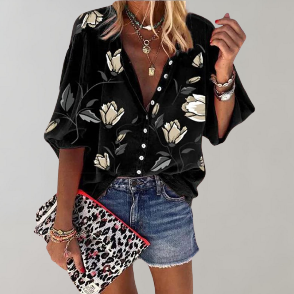 Ruby Flower Blouse | Zomerse damesblouse met lange mouwen en kraag