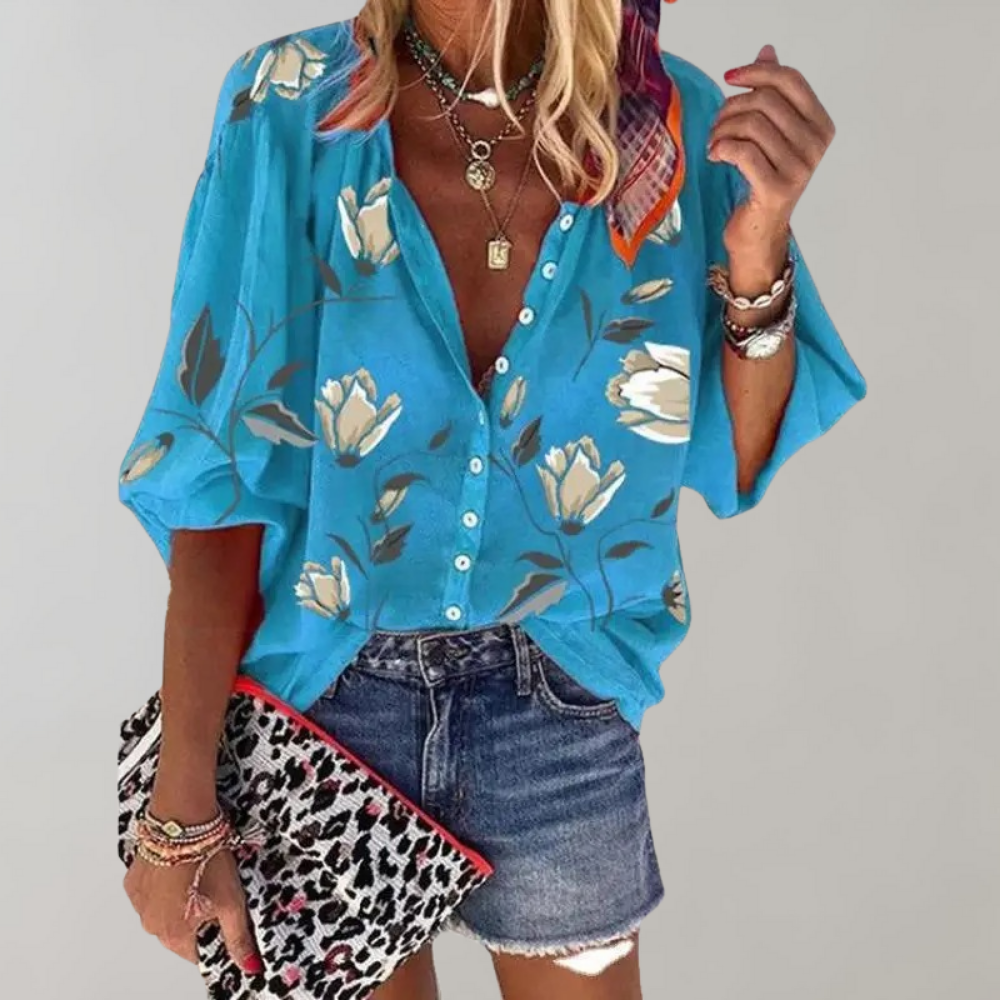 Ruby Flower Blouse | Zomerse damesblouse met lange mouwen en kraag