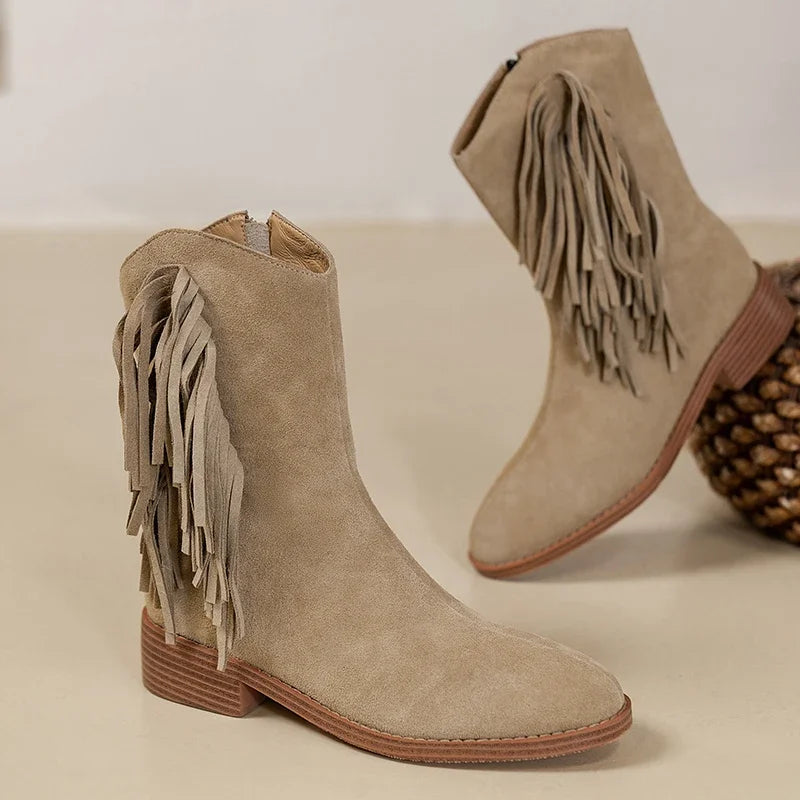 Tamarius Mid-Calf Cowboy boots | Trendy cowboylaarsjes voor dames met fransjes, zomerlaarzen met hoge hak