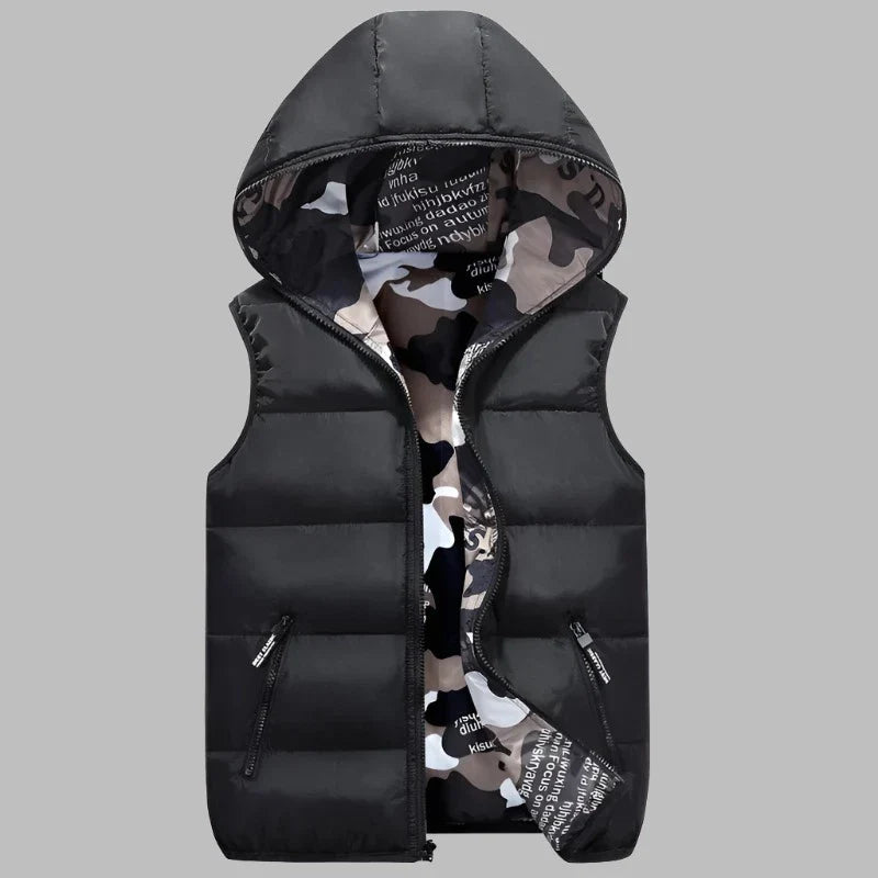 Armour Camo Bodywarmer | Casual gewatteerde bodywarmer met dubbelzijdige camouflageprint en capuchon voor mannen