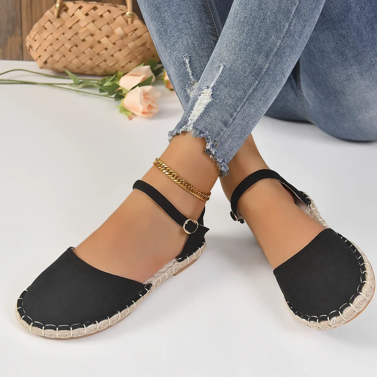 Nadia Espadrilles Plateau | Boho zwarte espadrilles dames met riempje