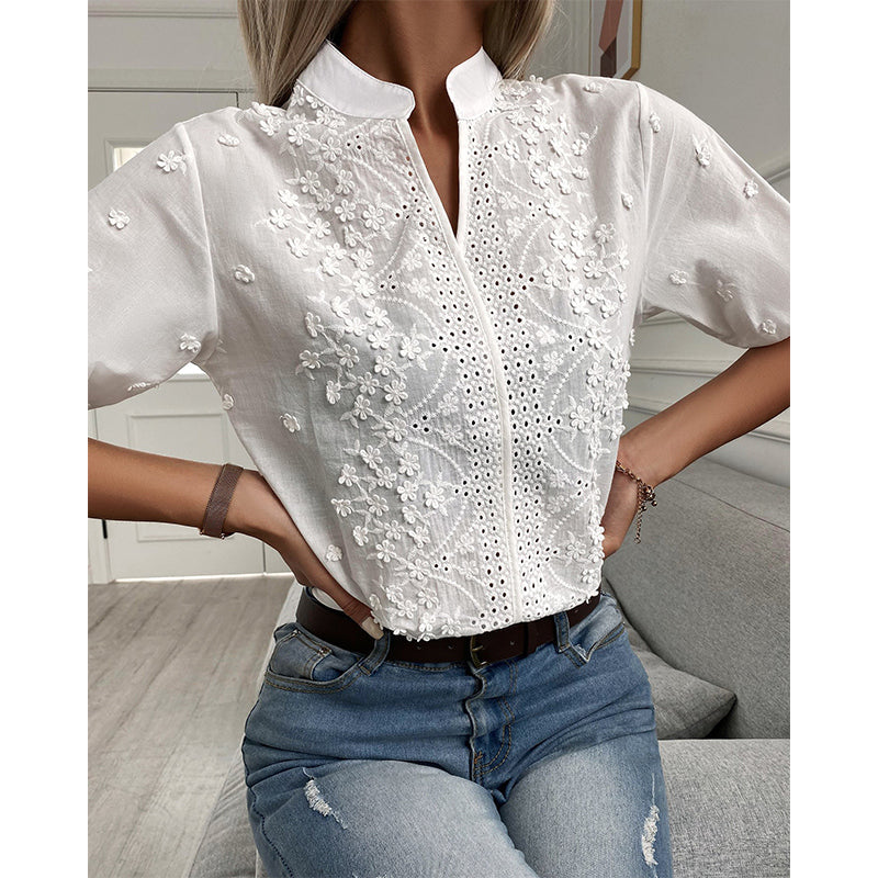 Emily kanten blouse | Moderne elegante damesblouse met korte mouwen voor de lente