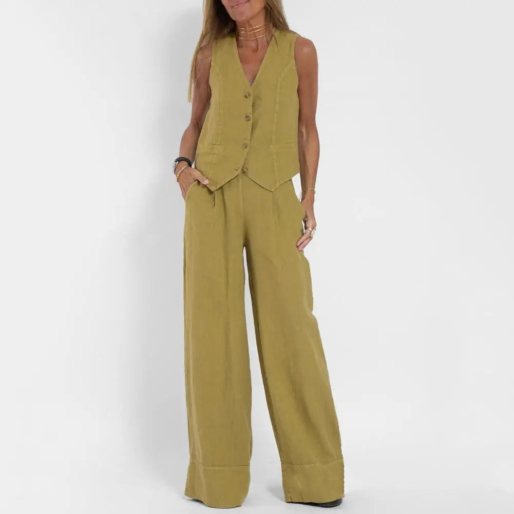 Luna Casual Damespak | Stijlvol elegant mouwloos dames top met high-waist broek voor de zomer