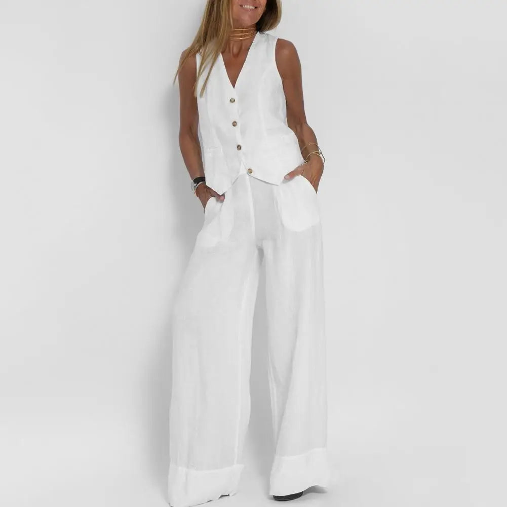 Luna Casual Damespak | Stijlvol elegant mouwloos dames top met high-waist broek voor de zomer