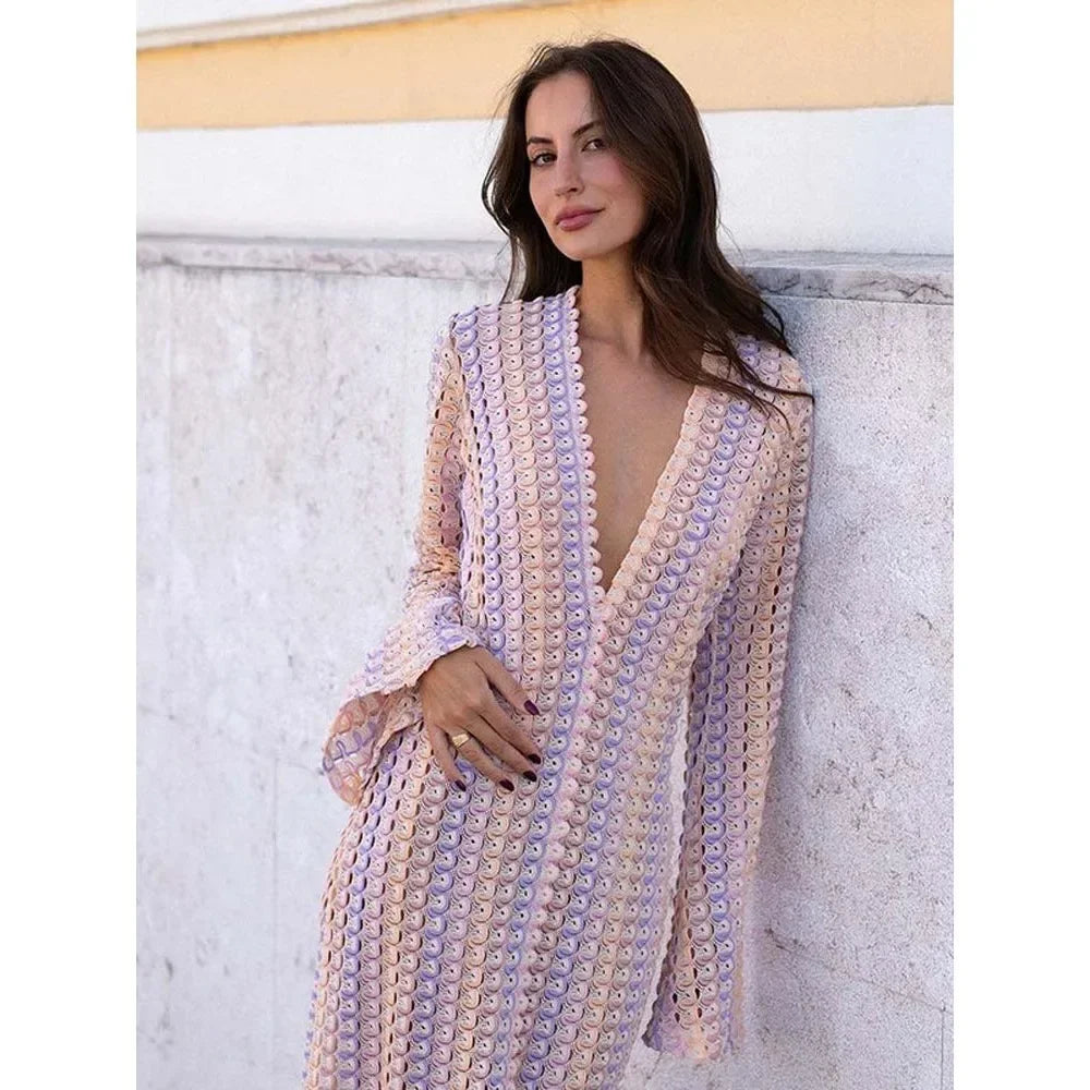 Nova Striped Dress | Lange, elegante zomerse damesjurk met diepe V-hals