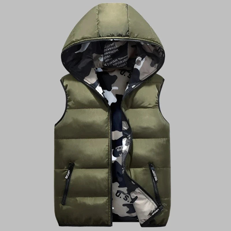 Armour Camo Bodywarmer | Casual gewatteerde bodywarmer met dubbelzijdige camouflageprint en capuchon voor mannen