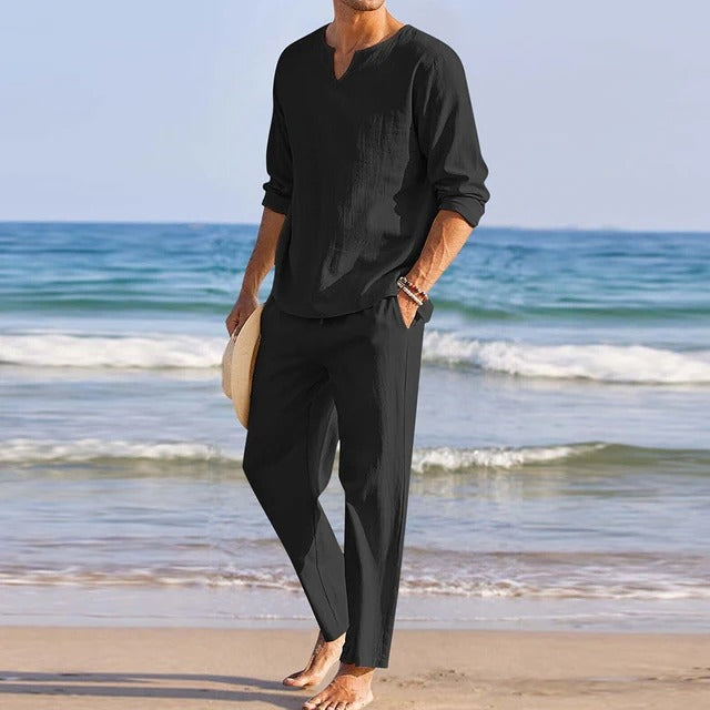 Luca Twee-delige Set | Trendy Casual Beachwear Linnen Shirt en Lange Broek voor Heren