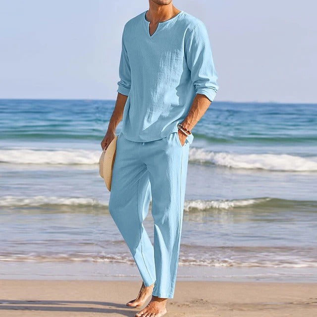 Luca Twee-delige Set | Trendy Casual Beachwear Linnen Shirt en Lange Broek voor Heren