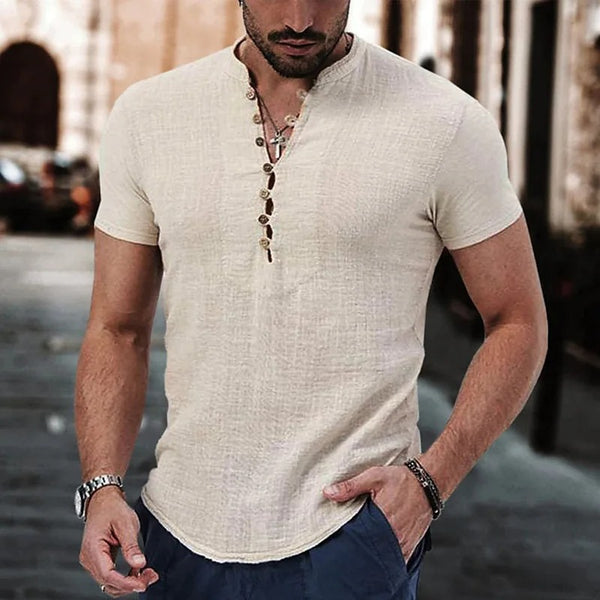 Brunello Shirt | Casual V-hals linnen-look t-shirt met knopen voor mannen