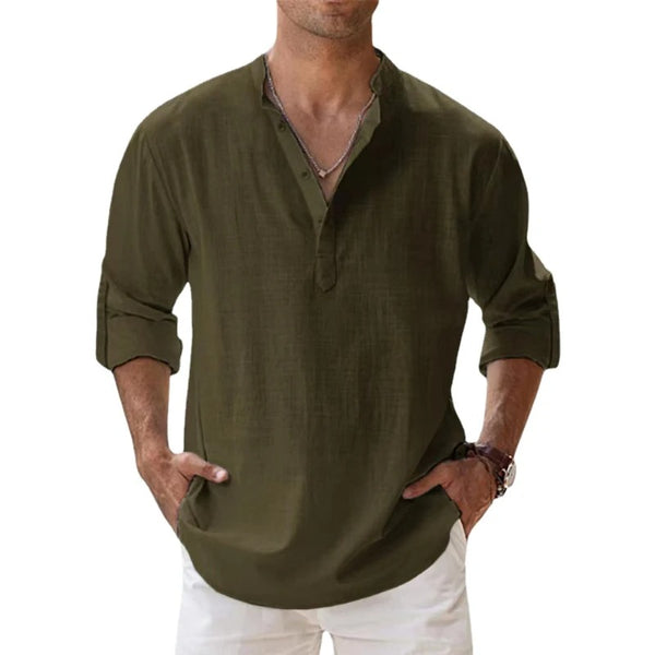 Zulu Linnen Hemd | Casual linnen-cotton hemd met V-hals en mao-kraag voor mannen