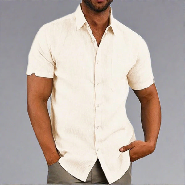 Zulu Linnen Shirt | Casual linnen-cotton hemd met V-hals en mao-kraag met korte mouwen voor mannen