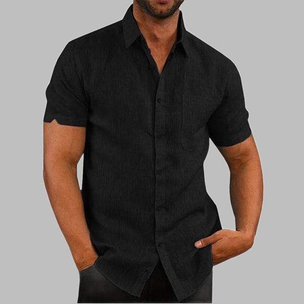 Zulu Linnen Shirt | Casual linnen-cotton hemd met V-hals en mao-kraag met korte mouwen voor mannen