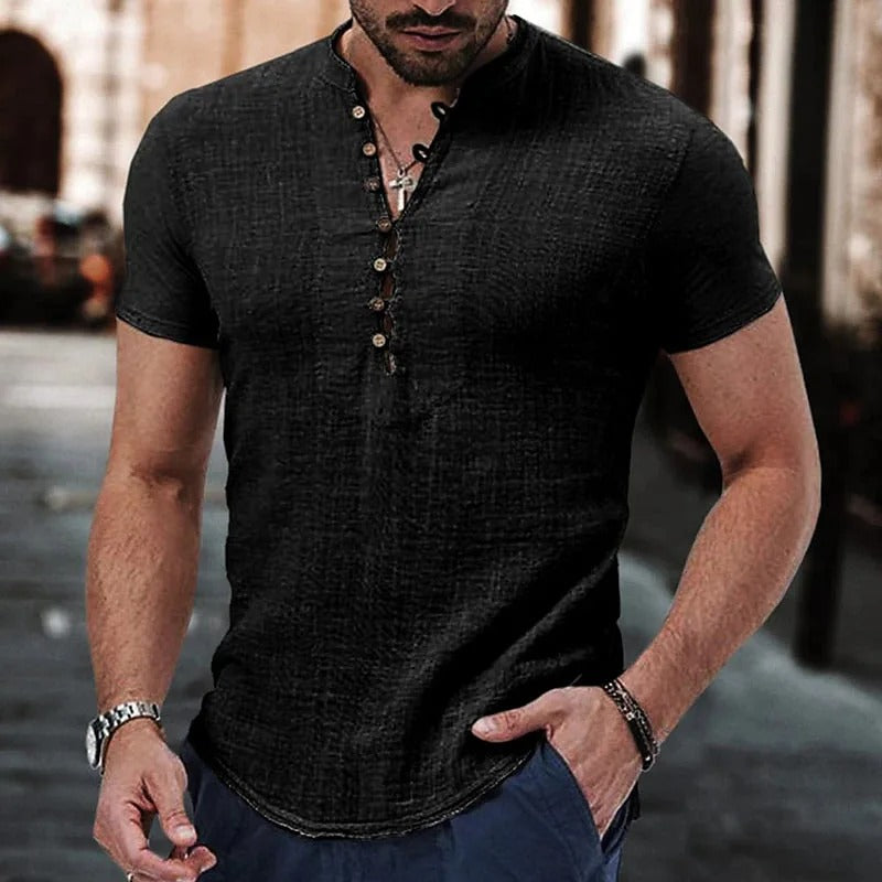 Brunello Shirt | Casual V-hals linnen-look t-shirt met knopen voor mannen