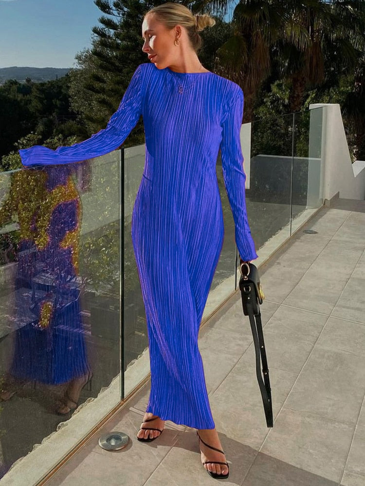Vezra Bodycon Jurk | Elegante Geribbeld Solid O Hals Lange Mouw Maxi Prom Dress