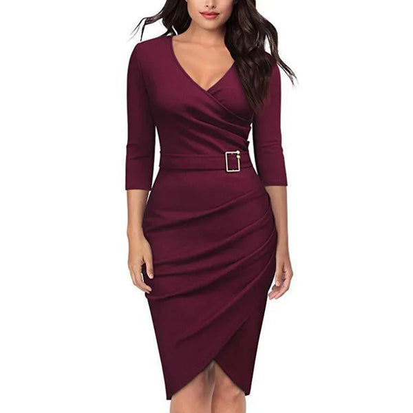Mulberry Jurk | Stijlvolle jurk met V-hals, hoge taille, riem en 3/4-mouwen voor dames, geschikt voor kantoor of feestjes
