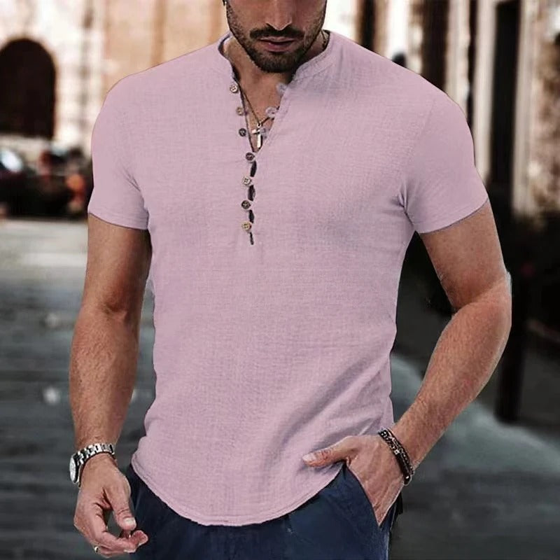 Brunello Shirt | Casual V-hals linnen-look t-shirt met knopen voor mannen