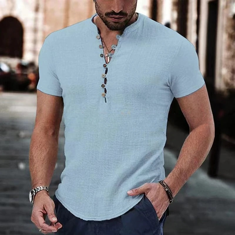 Brunello Shirt | Casual V-hals linnen-look t-shirt met knopen voor mannen