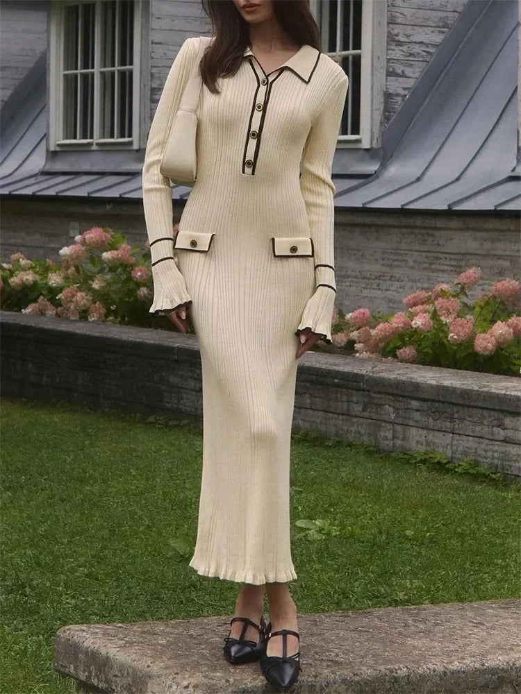 Sandra Maxi-jurk | Elegante gebreid mantelpak-look jurk met hoge taille