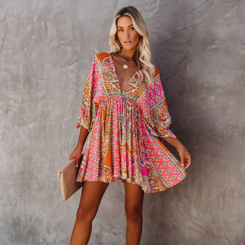 Denise Boho Jurk | Trendy Korte Bohemien Bloemenjurk voor Dames