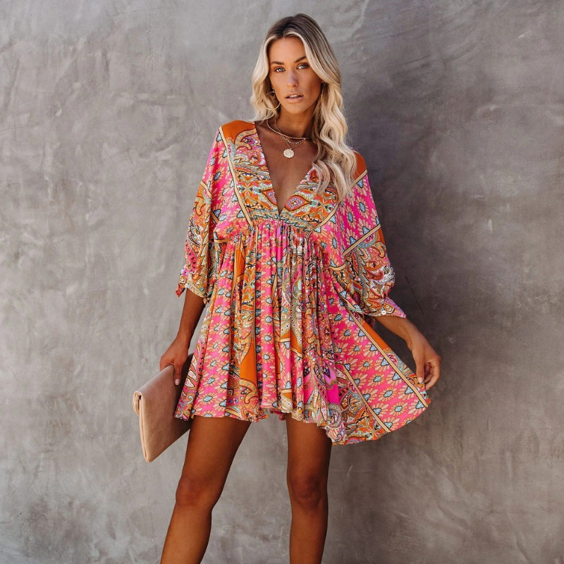 Denise Boho jurk | Trendy korte bohemien bloemenjurk voor dames