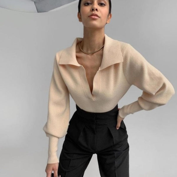 Samira Sweater | Beige trui met v-hals