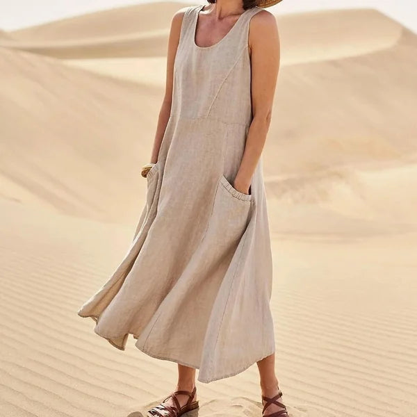 Zana Maxi Jurk | Mouwloze luchtige linnen-look strandjurk