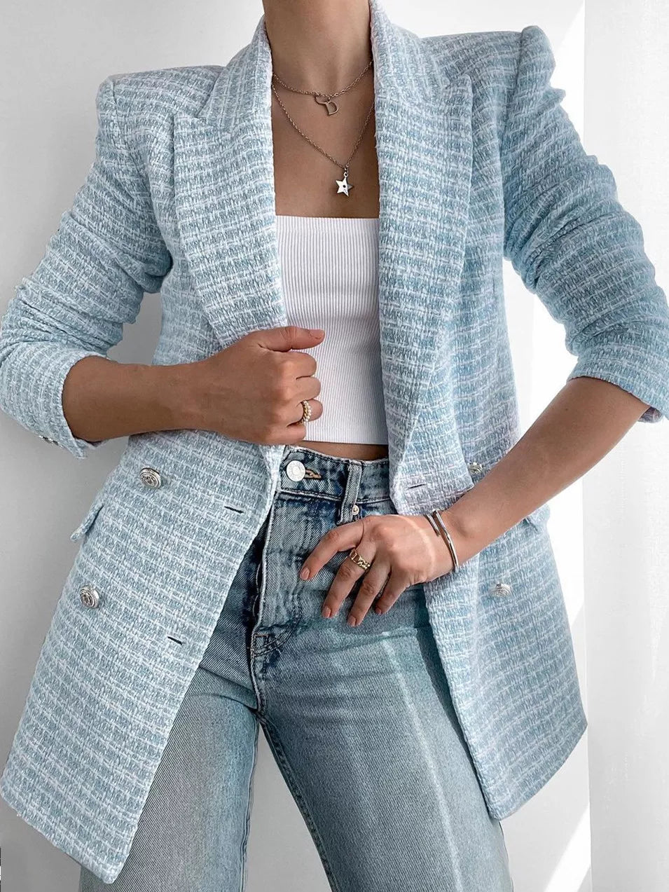 Tweedy Blazer | Modieuze damesblazer in lichtblauw